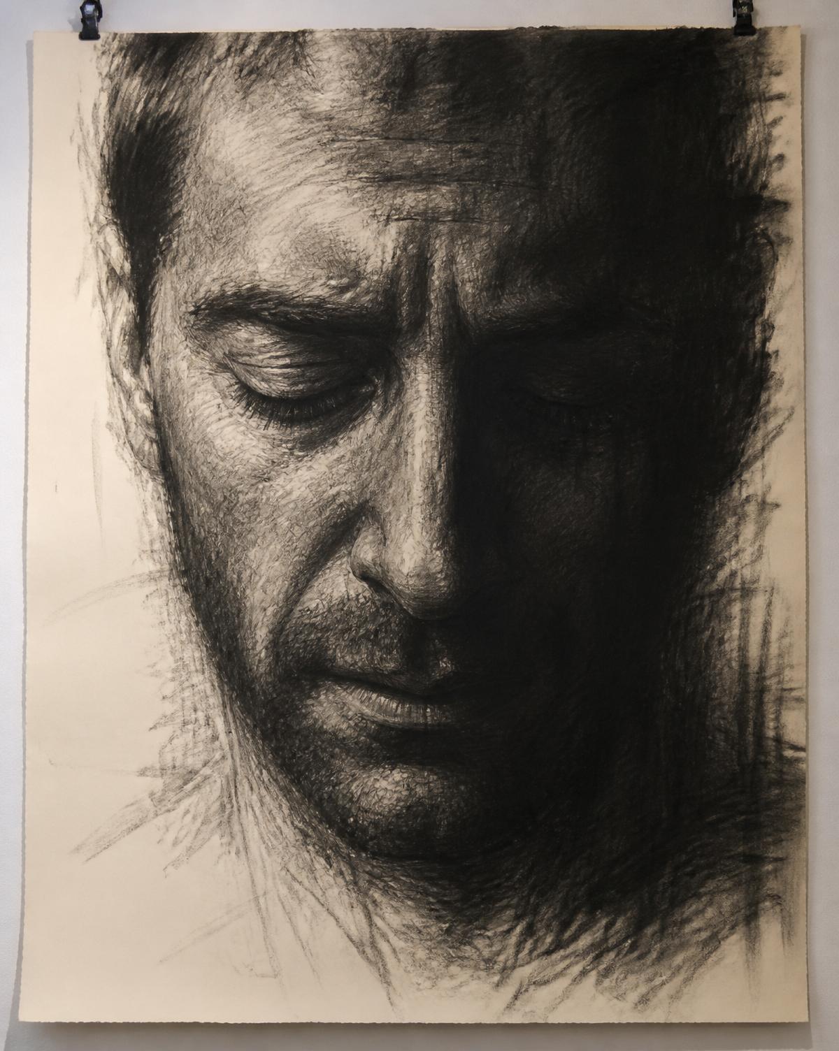 Brother III, 2025. Charcoal on paper, 240 × 190 cm.
