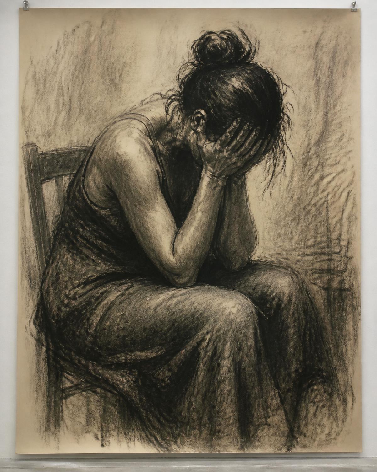 After the Shift, 2024. Compressed charcoal and graphite on paper, 226 × 178 cm.
